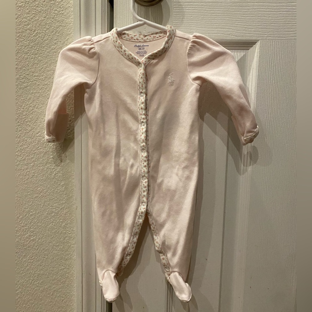 Ralph Lauren baby pink sleeper onesie with rose trim. Size 3M